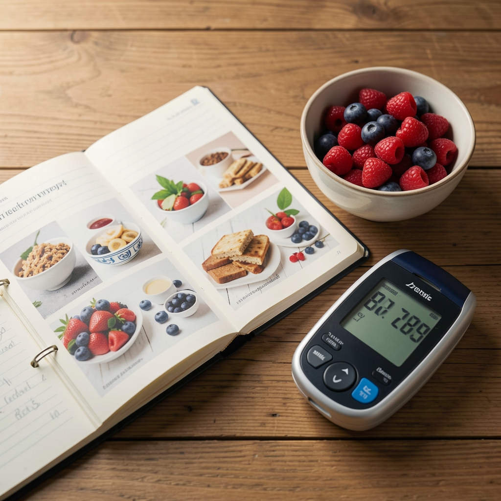 Open food diary beside a blood glucose meter and a bowl of berries on a wooden table