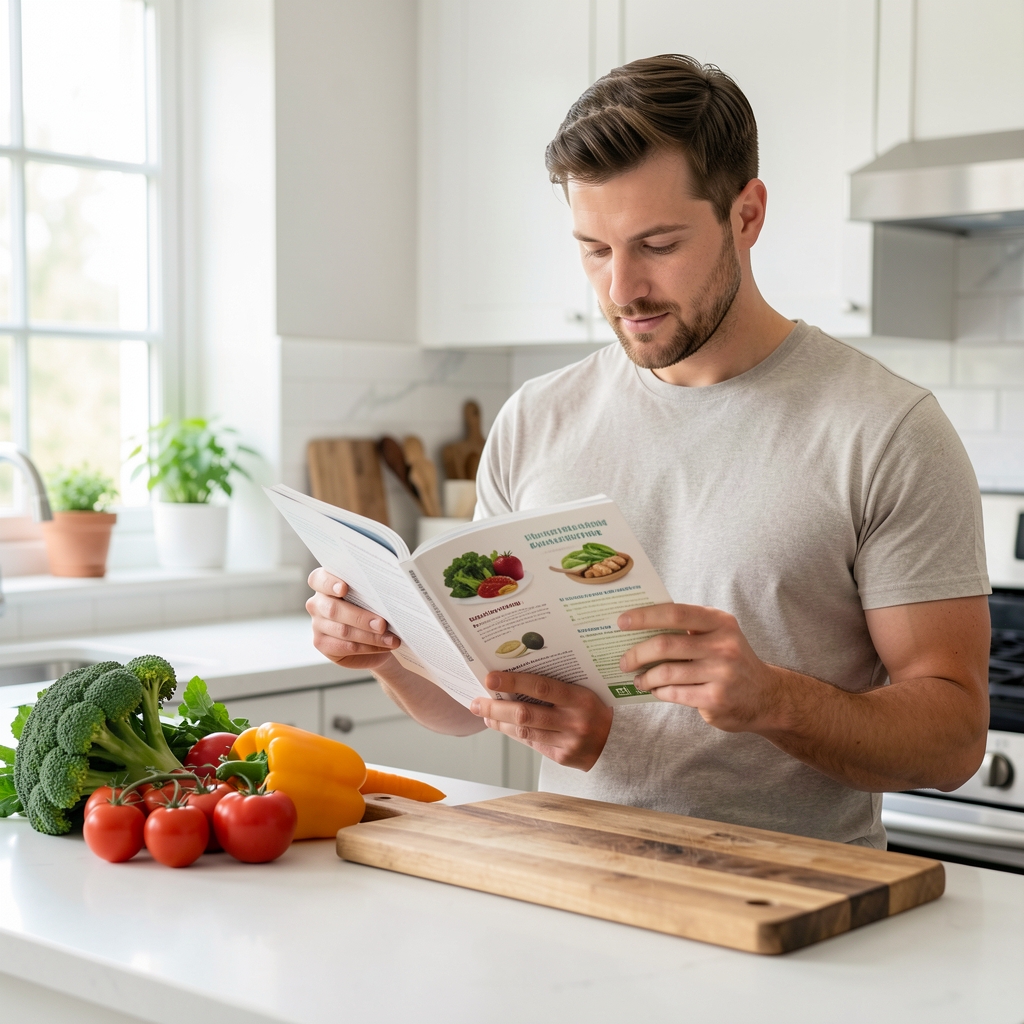 Man reading a nutrition guide beside vegetables and a wooden chopping board in a bright kitchen