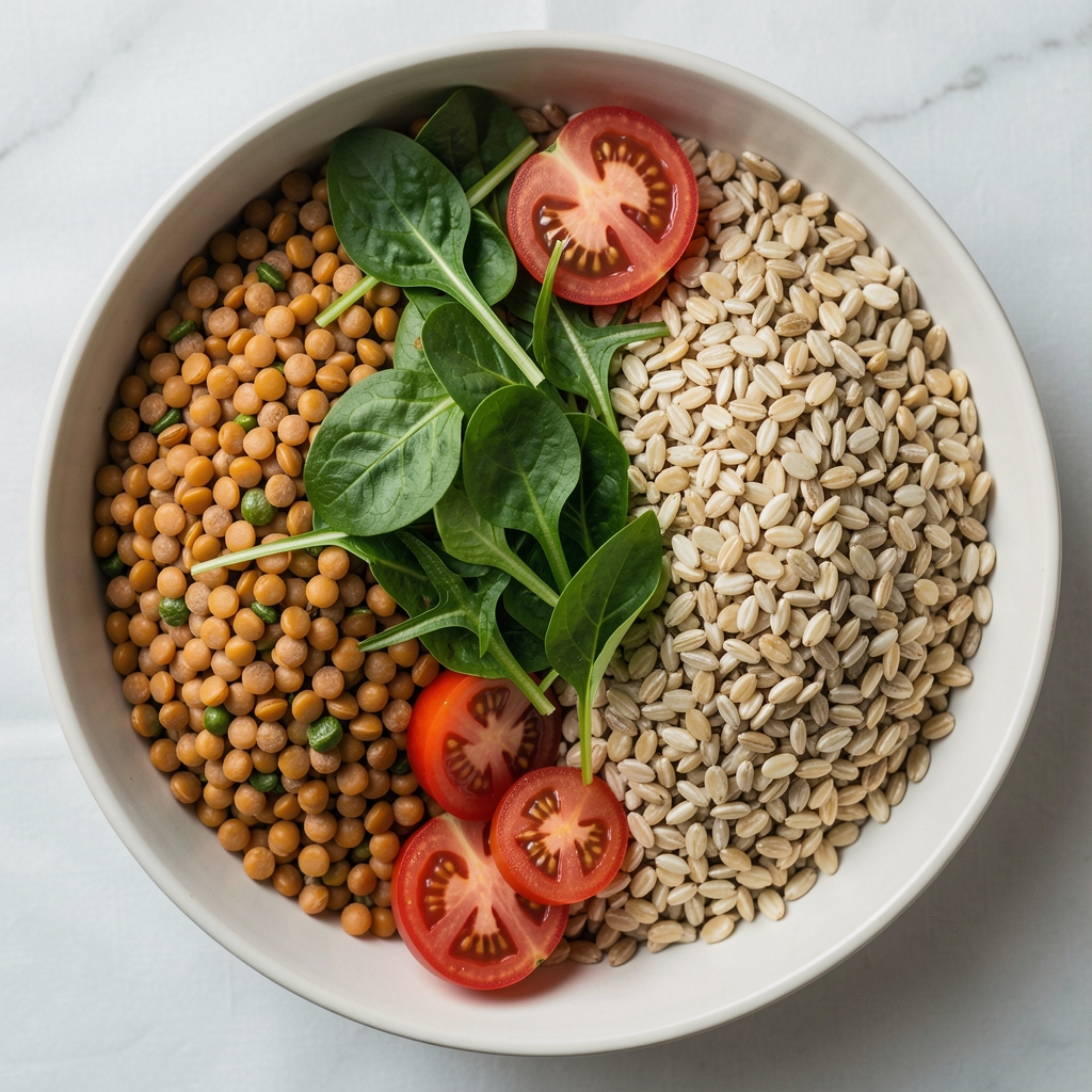 Overhead view of a balanced home-cooked meal with lentils, leafy greens, tomatoes and whole grains