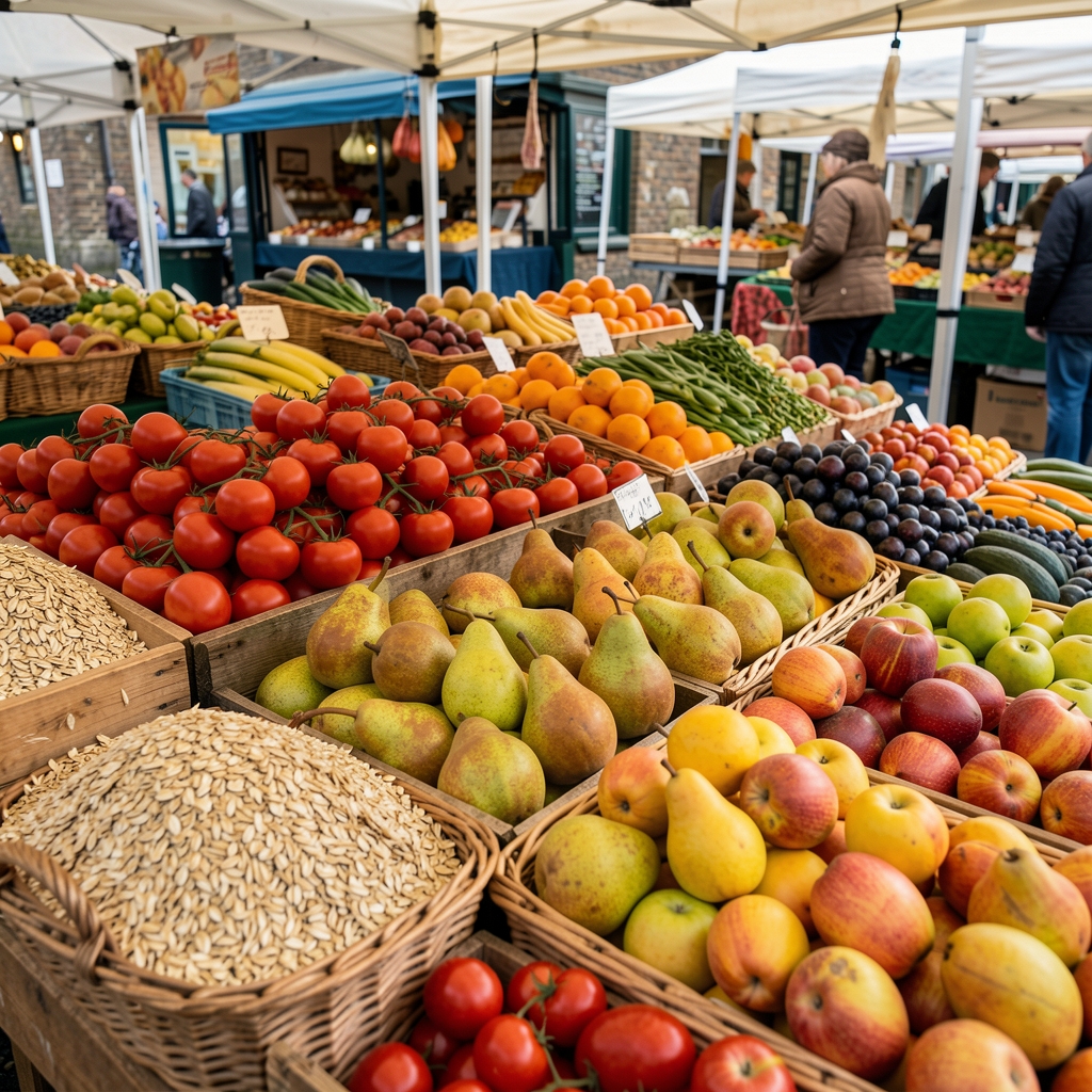 Bristol market stall displaying tomatoes, pears, oats and colourful seasonal produce